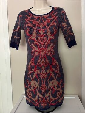 Supertrash Navy Dress with Red Baroque Motif Bodycon Sweater Dress